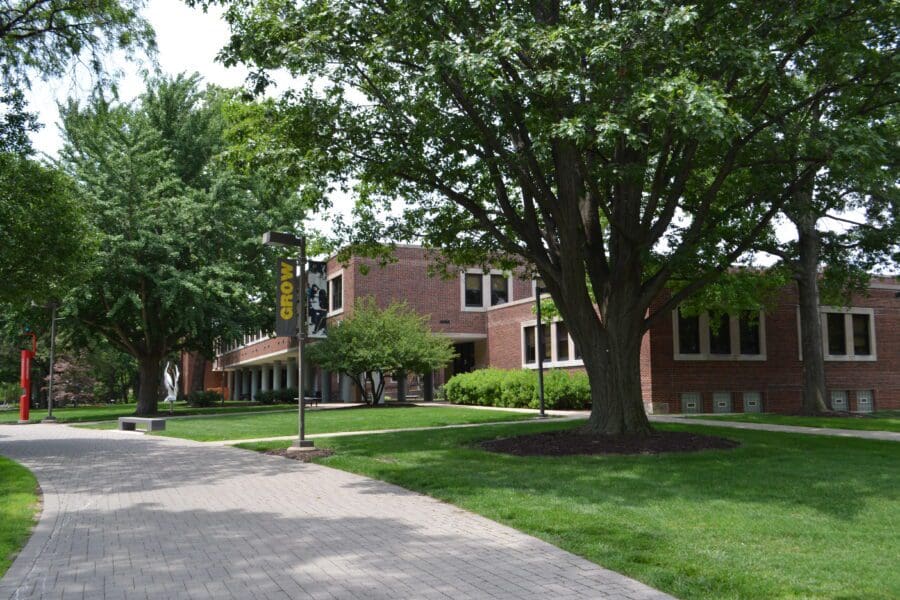 Courtyard path near the brick Gyte building