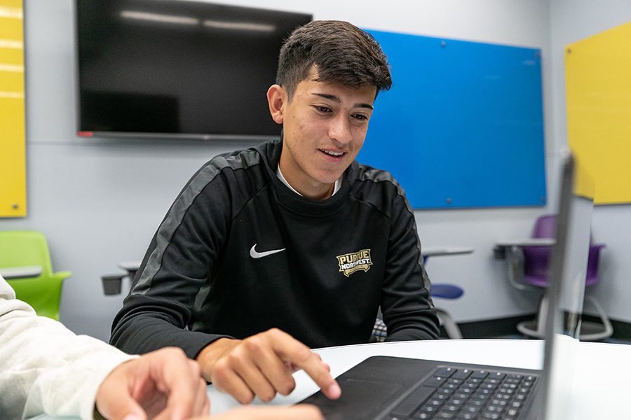 A PNW student works at a computer