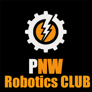 Logo for PNW Robotics Club. The top half of the logo features a white circular gear with a white lightning strike in the center. The center around the lightning is yellow with a black outline. Font is placed in two lines underneath with line one featuring a white "P" and yellow "NW". The second line in yellow reads "Robotics Club"