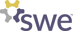 The logo for Society of Women Engineers. Features a tri-colored gear (green, purple, gray) and the letters "swe" in purple font.
