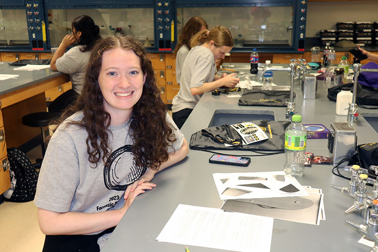 Students examine forensic data in a lab at Purdue University Northwest.