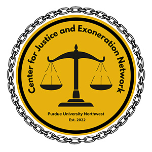 Logo: Center for Justice and Exoneration Network at Purdue University Northwest. Est. 2022. With illustration of a balanced pair of scales surrounded by a circled chain.