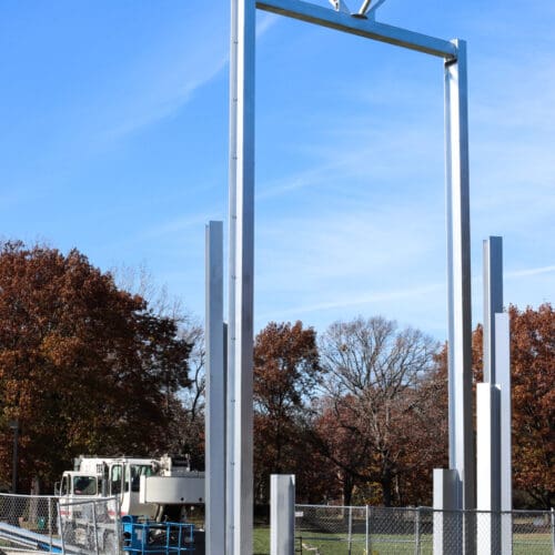 Construction is progressing on a steel bell tower in the southwest part of PNW’s Hammond campus.