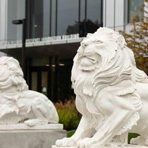 Lio Statue in front of Nils Building on PNW Hammond Campus