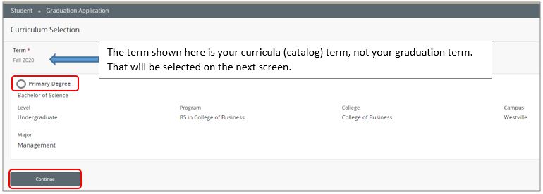 Apply to Graduate Select Curriculum screen shot