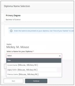 Apply to Graduate Select Diploma Name Screen Shot