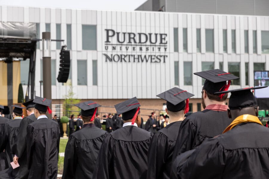 PNW Graduates in front of Nelson Bioscience Innovation Building