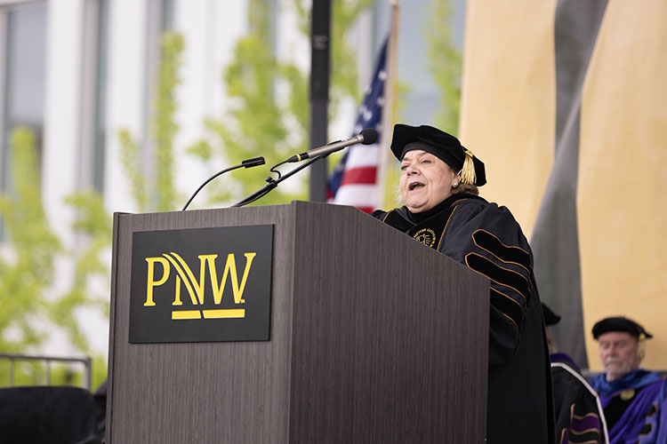 The Honorable Diane Kavadias Schneider delivers the keynote address at PNW’s 2023 spring commencement.