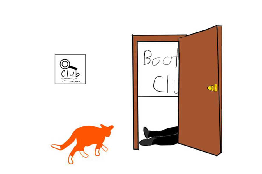 Illustration of a cat going into a room labeled book club that has a body on the floor
