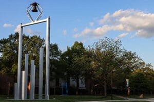 Purdue University Northwest bell tower landmark between Lawshe Hall, Student Union Library Building and Nils Bioscience Building.