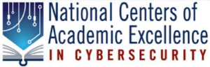 Logo: Left justified: An open book with a blue arrow above it. The arrow has white computer pathway lines in it. Text takes up the rest of the logo. Blue text: Line 1: "National Centers of" Line 2: "Academic Excellence" Line 3 (red text): "in Cybersecurity"