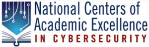 Logo: Left justified: An open book with a blue arrow above it. The arrow has white computer pathway lines in it. Text takes up the rest of the logo. Blue text: Line 1: "National Centers of" Line 2: "Academic Excellence" Line 3 (red text): "in Cybersecurity"