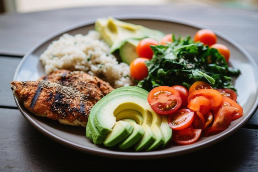 Dinner plate showing roasted chicken, avocado, rice, spinach, and tomato