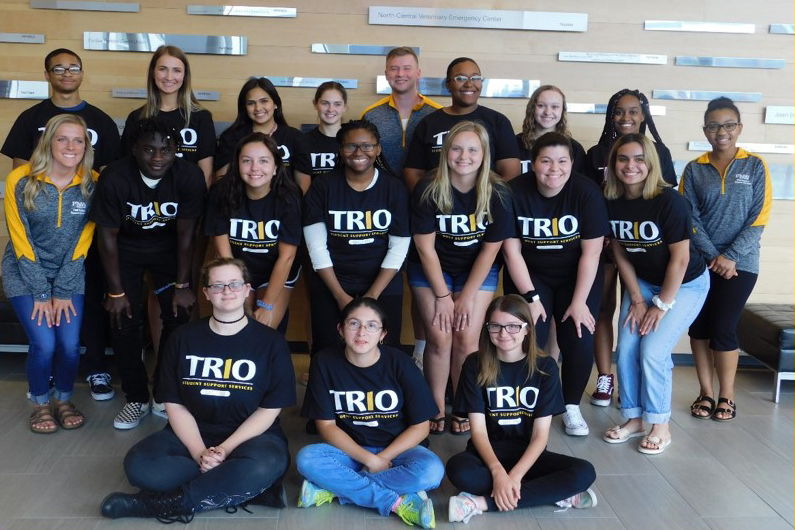 Students in matching TRIO shirts in the Dworkin Student Activities Center