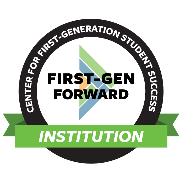 Logo: A black outer circle with white font, reading "Center for First-Generation Student Success". The white inner circle reads "First-Gen Forward" in black font. There is a triangle graphic behind the black font. There is also a green banner over the bottom of the circle that reads "Institution" in white font.