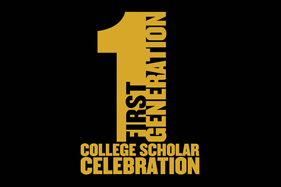 Logo: First Generation College Scholar Celebration. Gold logo on a black background
