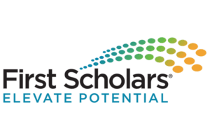 First Scholars logo. Text: First Scholars Elevate Potential with colored dots rising from the text in a wave.