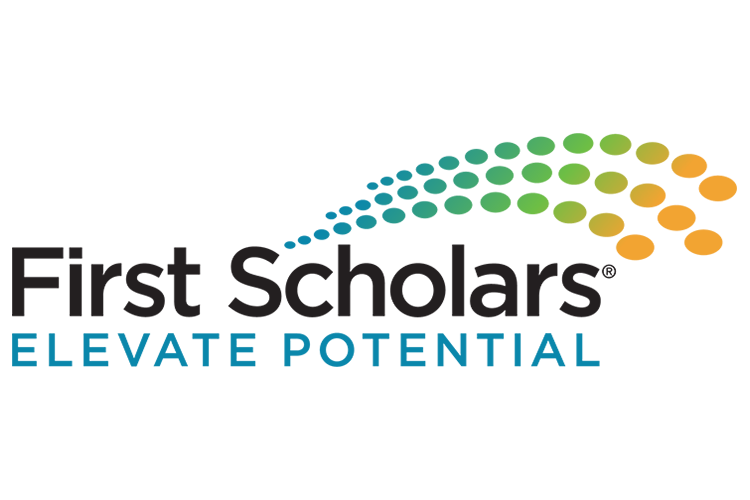 First Scholars logo. Text: First Scholars Elevate Potential with colored dots rising from the text in a wave.