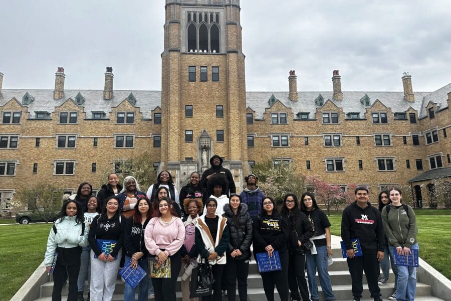 group of students standing in front of a building at Saint Mary's College in South Bend IN
