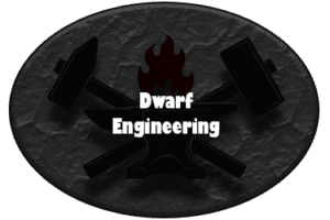 Logo: White text reads "Dwarf Engineering". The logo is an oval filled with dark gray. There is a graphic in the middle of two forging hammers crossed over a fire.