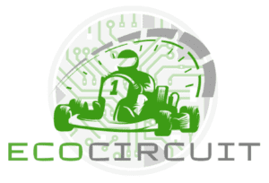 Logo: In the middle, a figure wears a helmet and sits on a race car, labeled with the number one. Surrounding the figure and race car, there's a mileage meter at the top and a circular image of circuits in the background. The words "Ecocircuit" read at the bottom.