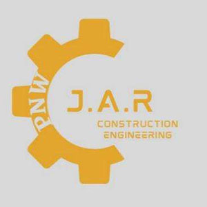 Logo: JAR Construction Engineering The text is yellow on a gray background. On the left side of the image, there is a half circle gear with gray text reading "PNW" inside.