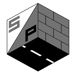 Logo" Black text reads as "SP" against one side of a dimensional cube. One side displays rectangular bricks, and the bottom side is black with a dashed white line, running through the middle.