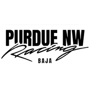 Logo: Big bold letters, reading "Purdue NW," reads as Purdue Northwest and rests against the background. The word "racing" is layered slightly over them in cursive writing, and in a smaller and capitalized font, the words "baja" rests at the bottom. The entire image reads as "Purdue Northwest Racing Baja."