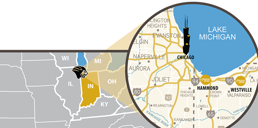 Un mapa del medio oeste de los Estados Unidos, con la región de Chicago y el noroeste de Indiana resaltados. Los campus de PNW en Hammond, Indiana y Westville, Indiana se destacan a lo largo de las carreteras interestatales 90/94.