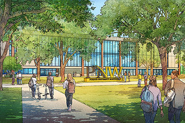 Illustration: people walk in front of a refurbished SULB building on PNW's Hammond Campus, complete with big PNW sign.