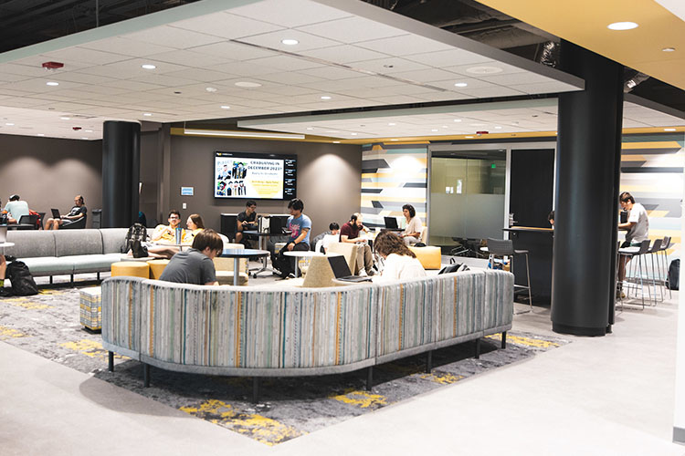 Students study in the renovated "Mane Zone" of PNW's Classroom Office Building.