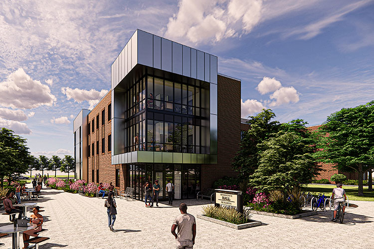 Computer-generated rendering of a new student housing building at Purdue University Northwest. A facade, glass atrium and walkway are visible.