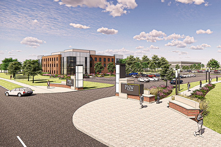 A rendering showing Calumet Hall at the south end of Purdue University Northwest's campus.