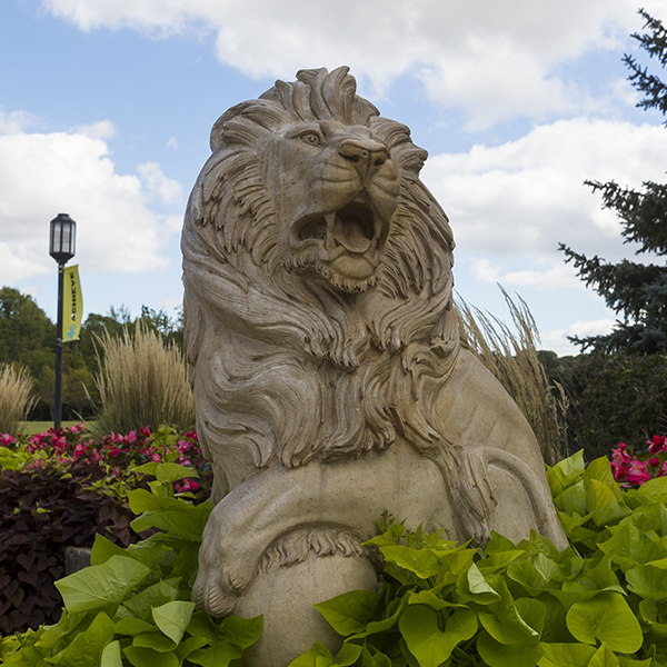 A lion sculpture on PNW's campus