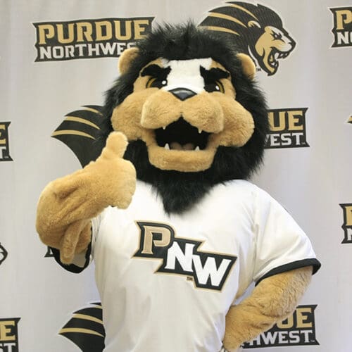 PNW Mascot Leo gives a thumbs up.