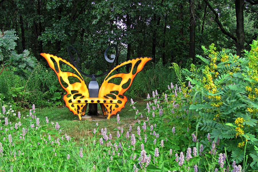 Butterfly sculpture in Gabis native plant garden