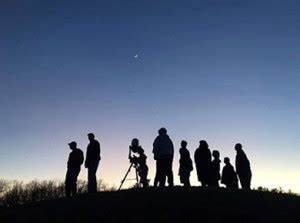 Astronomers outdoors at twilight