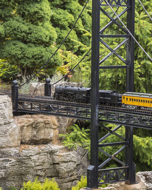 A black and yellow model train goes over a bridge in the railway garden