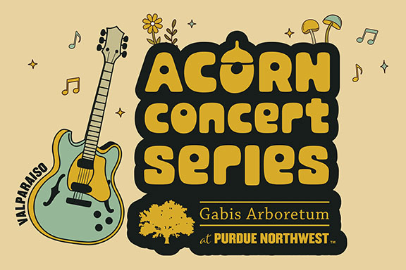 Illustration of a guitar and musical notes over flowers and mushrooms with text: Acorn Concert Series, Gabis Arboretum at Purdue Northwest, Valparaiso.