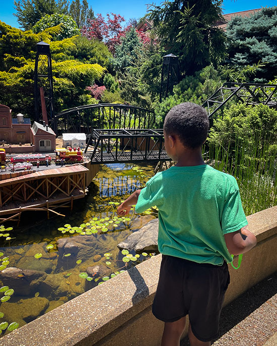 A child stands next to the pond in the Gabis Railway Garden.