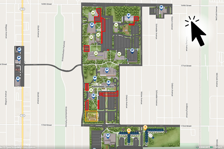 A screengrab of Purdue University Northwest's Hammond Campus map, showing buildings and other campus locations as well as a superimposed click with "click" illustrations.