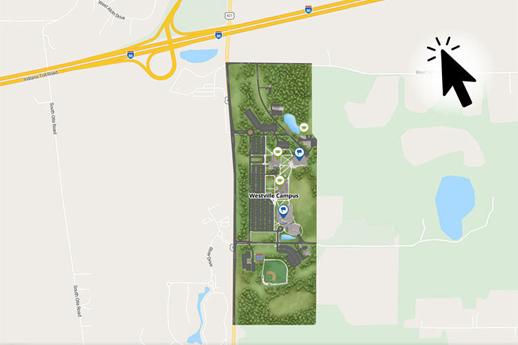 A screengrab of Purdue University Northwest's Westville Campus map, showing buildings and other campus locations as well as a superimposed click with "click" illustrations.