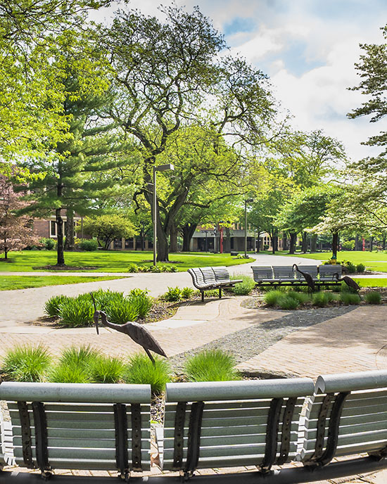 An outdoor garden and walkway on PNW's Hammond campus