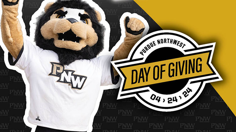 Leo the Lion cheers. The 2024 PNW Day of Giving logo is also featured