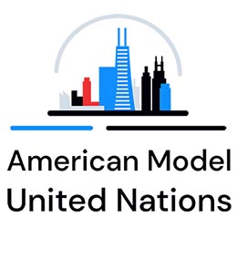 Logo: American Model United Nations, with that text and an illustration of the Chicago skyline.