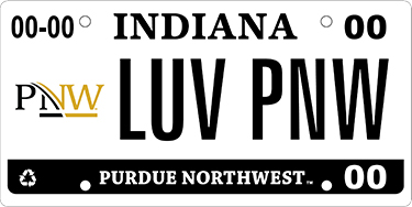 License plate mockup with a PNW logo and text reading, "Indiana, Luv PNW, Purdue Northwest"