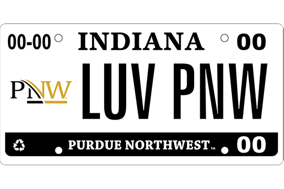 License plate mockup with a PNW logo and text reading, "Indiana, Luv PNW, Purdue Northwest"