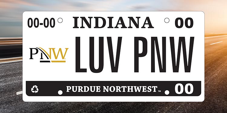 A license plate with the PNW Logo on it. The plate numbers read "LUV PNW," and it is superimposed on a road-and-sky background.
