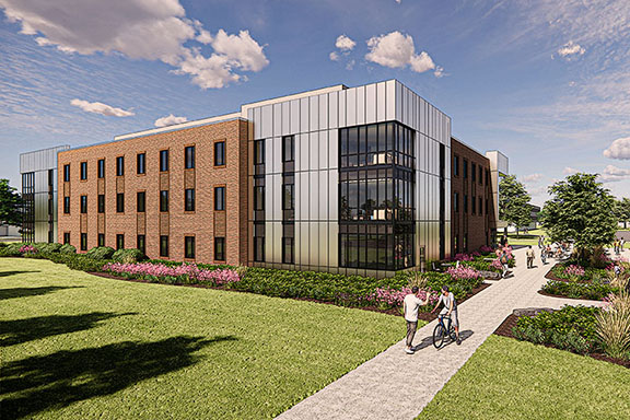 Computer-generated rendering of a third residence hall on Purdue University Northwest’s Hammond campus. Construction is scheduled to begin in summer 2025 and the building is expected to be ready for occupancy for the fall 2026 semester.