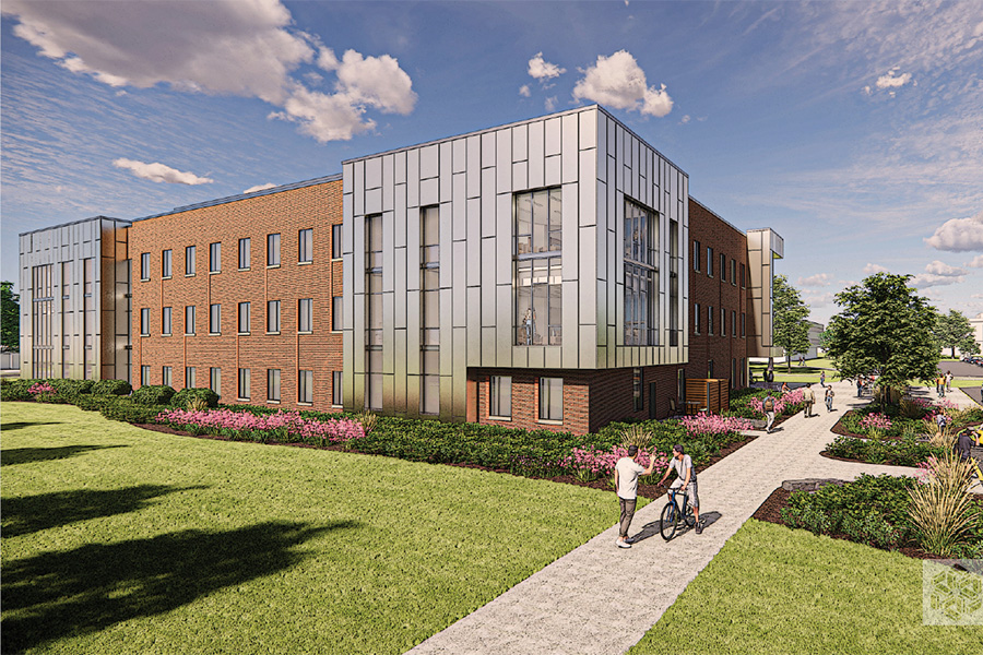 Rendering of a residence hall, with brick, steel and a sidewalk through green landscaping.